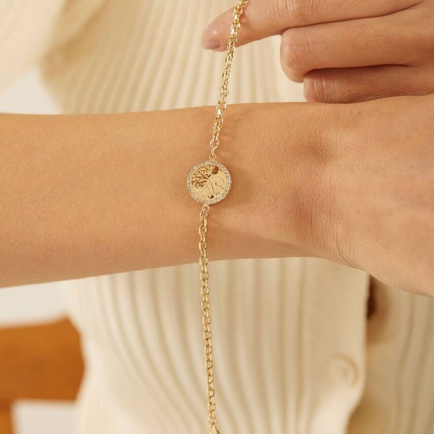 Taşlı Hayat Ağacı Altın Zincir Bileklik - 1
