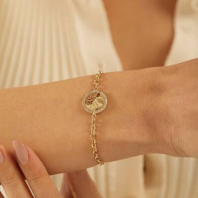 Taşlı Hayat Ağacı Altın Zincir Bileklik - 2