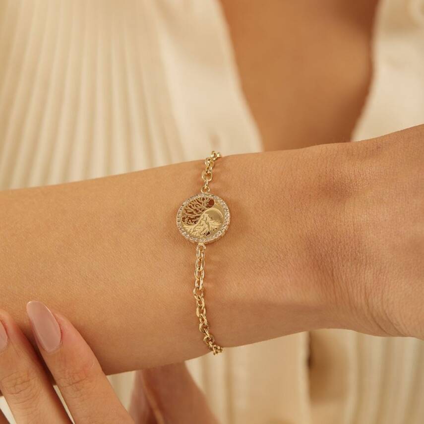Taşlı Hayat Ağacı Altın Zincir Bileklik - 2