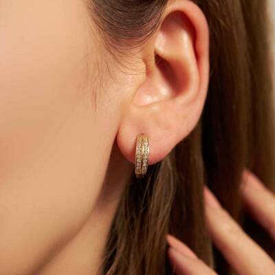 Taşlı İkili Halka Altın Küpe - 1