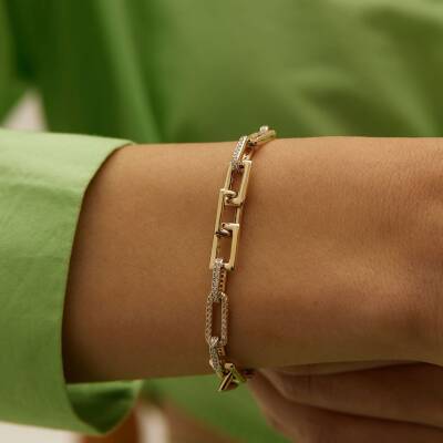 Taşlı İri Ataş Zincir Altın Bileklik - 1