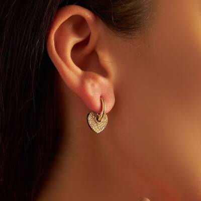 Taşlı Kalp Sallantılı Halka Altın Küpe - 1