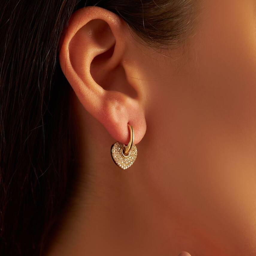 Taşlı Kalp Sallantılı Halka Altın Küpe - 1