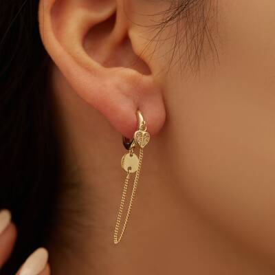 Taşlı Kalp Tasarımlı Sallantılı Altın Küpe - 1