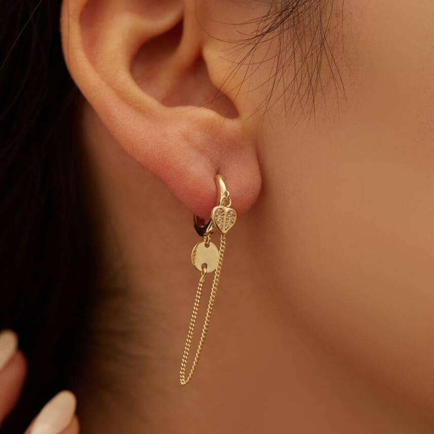 Taşlı Kalp Tasarımlı Sallantılı Altın Küpe - Semih Haşhaş Kuyumculuk