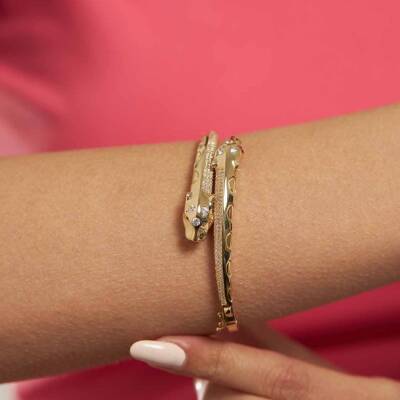 Taşlı Kaplan Altın Kelepçe Bilezik - 1