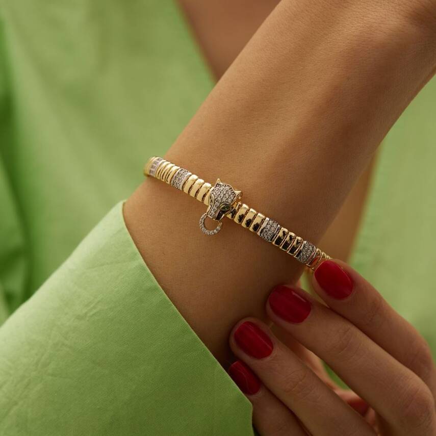 Taşlı Kaplan Başı Altın Kelepçe Bilezik - Semih Haşhaş Kuyumculuk