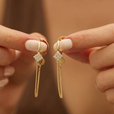 Taşlı Kare Tasarımlı Sallantılı Altın Küpe - 2