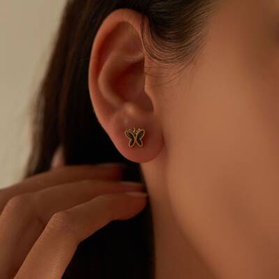 Taşlı Kelebekli Minimal Altın Küpe - 1