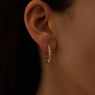 Taşlı Kemik Model Tasarım Altın Halka Küpe - 1