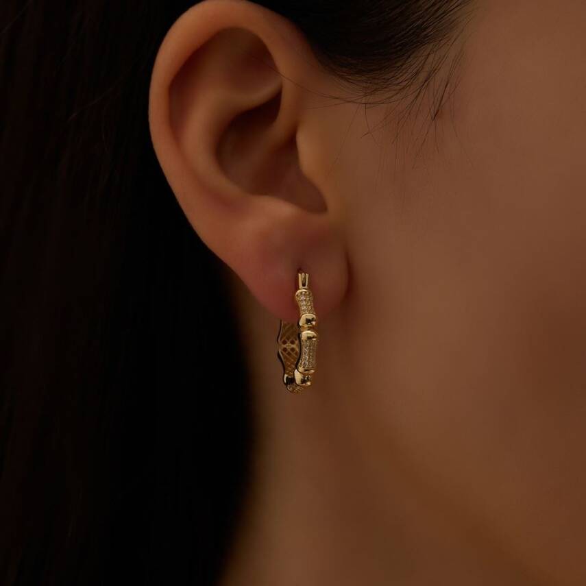 Taşlı Kemik Model Tasarım Altın Halka Küpe - Semih Haşhaş Kuyumculuk