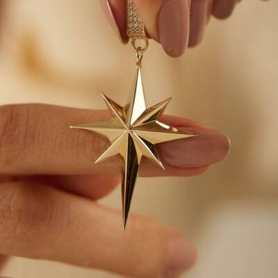 Taşlı Kutup Yıldızı Altın Kolye Ucu - 1