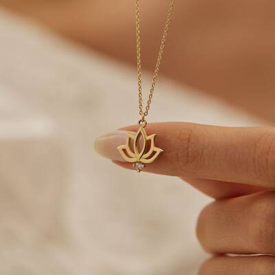 Taşlı Lotus Çiçeği Altın Kolye - 2