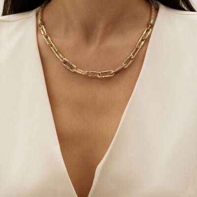 Taşlı Mineli İri Ataç Zincirli Altın Kolye - 1