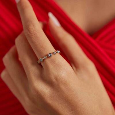 Taşlı Nazar Boncuklu Altın Yüzük - 1