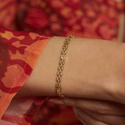 Taşlı Saat Kordunu Tasarımlı Altın Zincir Bileklik - 2