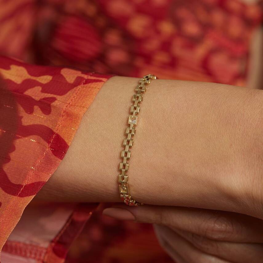 Taşlı Saat Kordunu Tasarımlı Altın Zincir Bileklik - 2