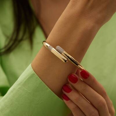 Taşlı Sarmal Altın Kelepçe Bilezik - 1