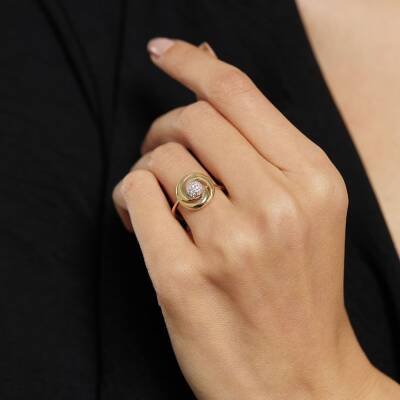 Taşlı Sarmal Tasarımlı Altın Yüzük - 1