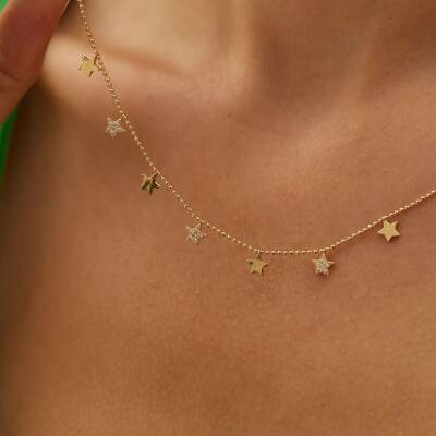 Taşlı Sıralı Yıldız Altın Kolye - 2