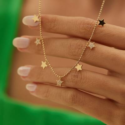 Taşlı Sıralı Yıldız Altın Kolye - 3