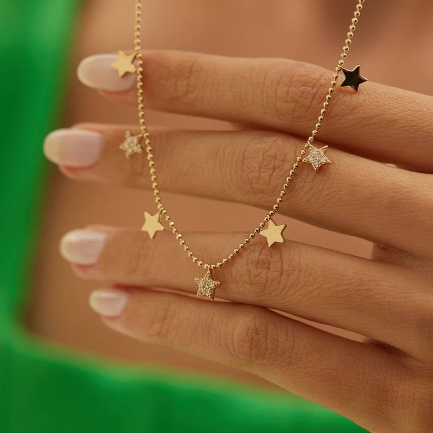 Taşlı Sıralı Yıldız Altın Kolye - 3