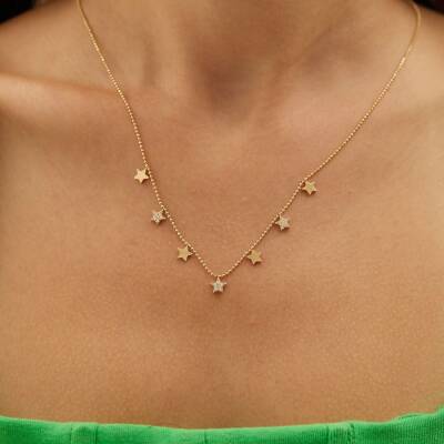 Taşlı Sıralı Yıldız Altın Kolye - 1