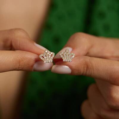 Taşlı Taç Altın Küpe - 1