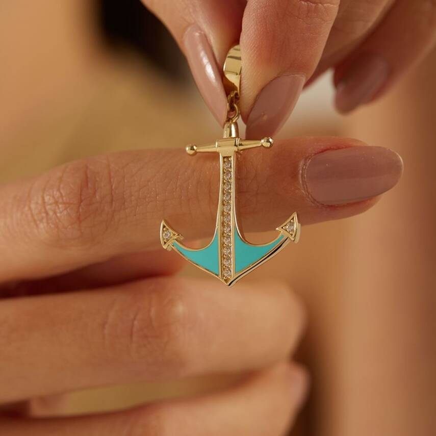 Taşlı Turkuaz Mineli Çapa Altın Kolye Ucu - Semih Haşhaş Kuyumculuk