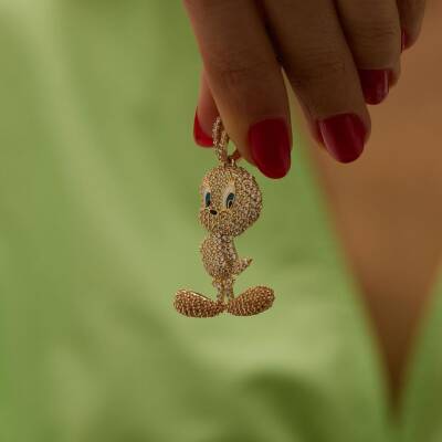 Taşlı Tweety Altın Kolye Ucu - 1