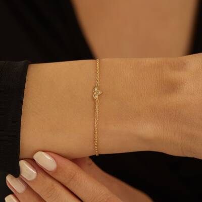 Taşlı Yaprak Minimal Altın Bileklik - 1