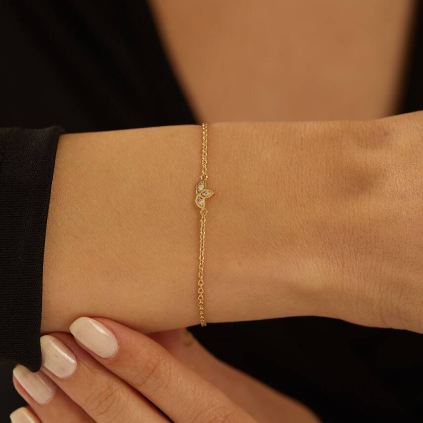 Taşlı Yaprak Minimal Altın Bileklik - Semih Haşhaş Kuyumculuk