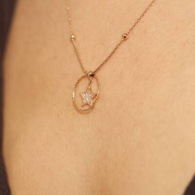 Taşlı Yıldız Halka Altın Kolye - 1