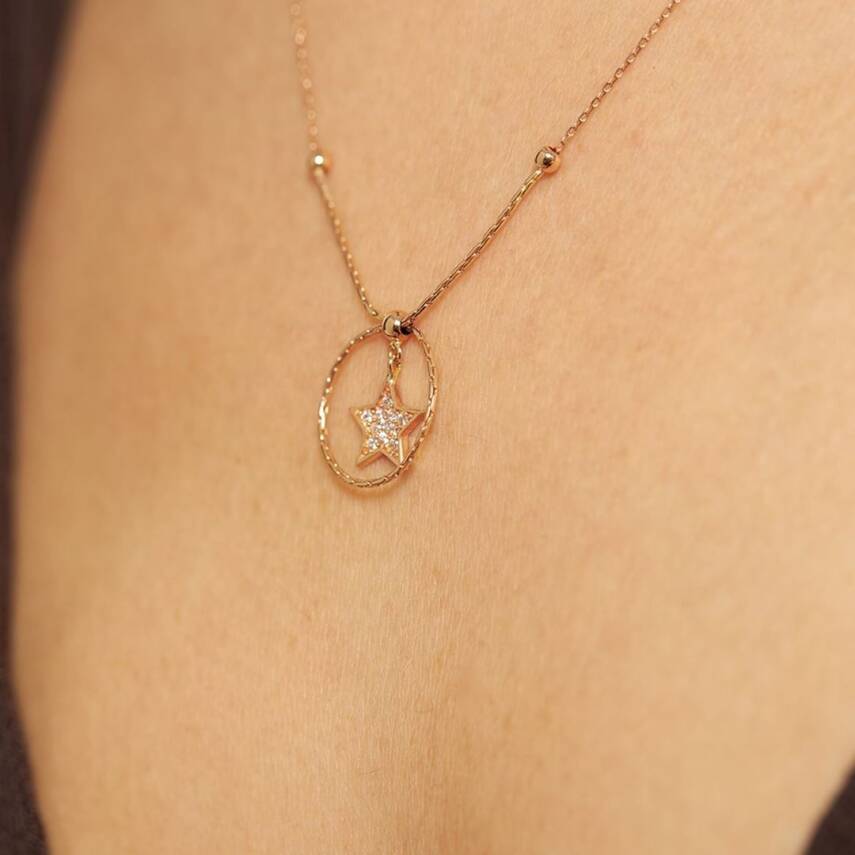 Taşlı Yıldız Halka Altın Kolye - ALTINBAŞ