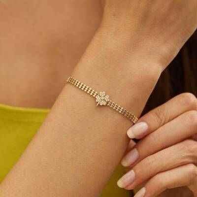 Taşlı Yoncalı Altın Tasarım Bileklik - 1