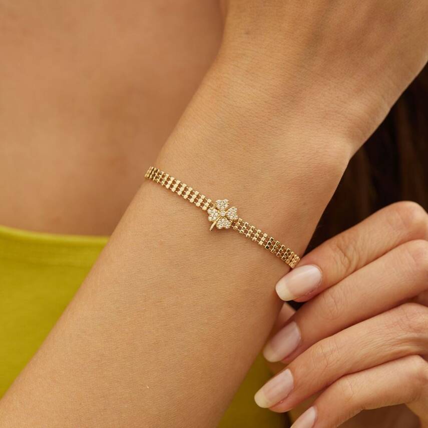 Taşlı Yoncalı Altın Tasarım Bileklik - Semih Haşhaş Kuyumculuk