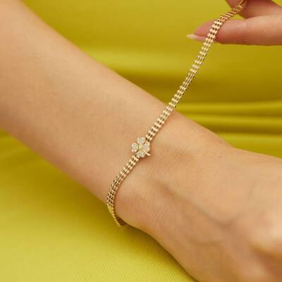 Taşlı Yoncalı Altın Tasarım Bileklik - 2