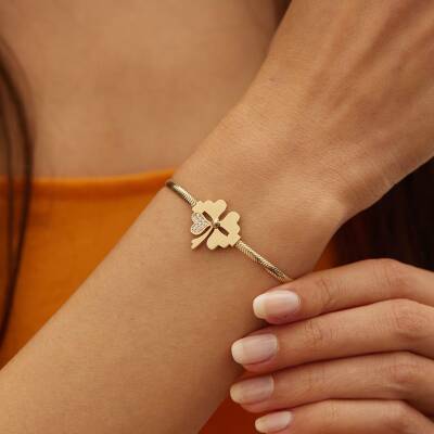 Taşlı Yoncalı Balıksırtı Zincir Altın Bileklik - 1