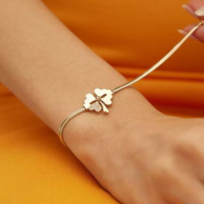 Taşlı Yoncalı Balıksırtı Zincir Altın Bileklik - 2