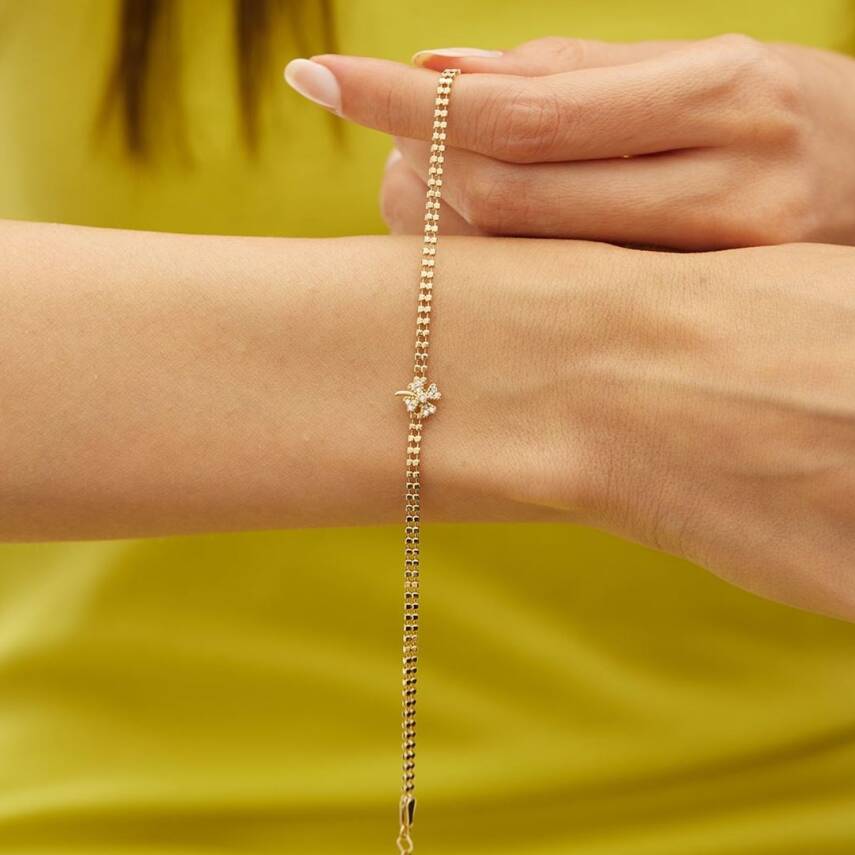 Taşlı Yoncalı Küp Zincirli Altın Bileklik - 1