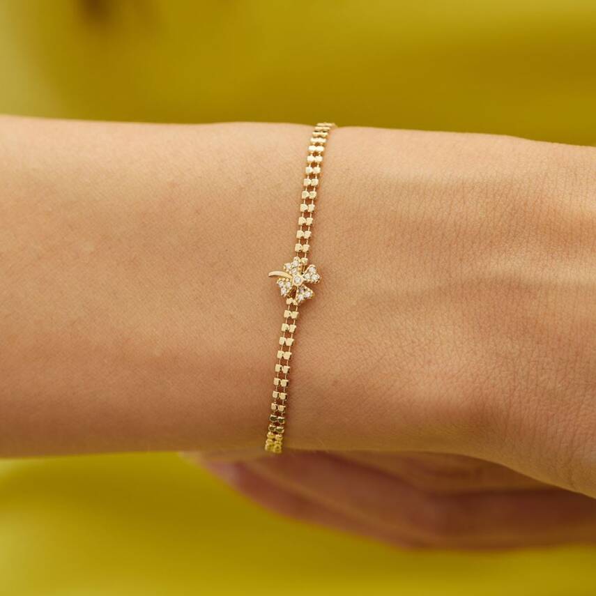 Taşlı Yoncalı Küp Zincirli Altın Bileklik - 2