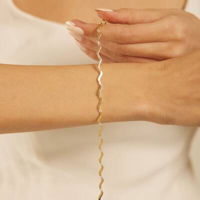 Taşlı Zikzak Tasarım Altın Bileklik - 2