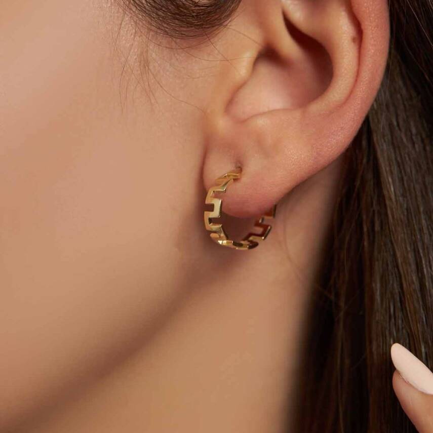 Taşsız Greek Desenli Halka Altın Küpe - Semih Haşhaş Kuyumculuk