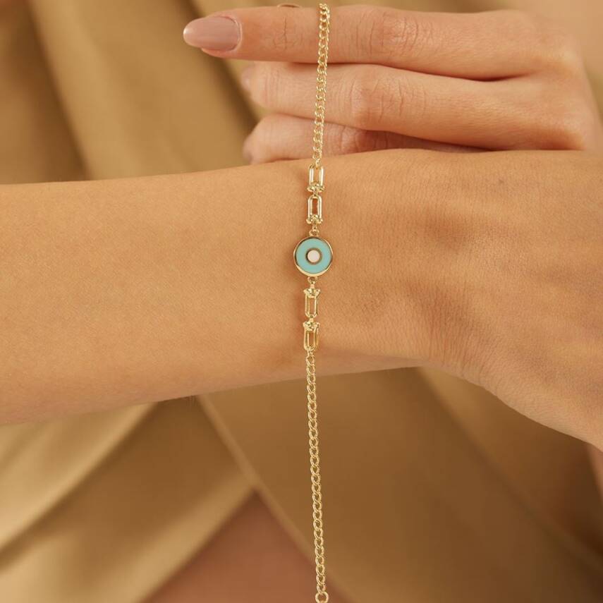 Turkuaz Beyaz Mineli İtalyan Ataşlı Altın Bileklik - Semih Haşhaş Kuyumculuk