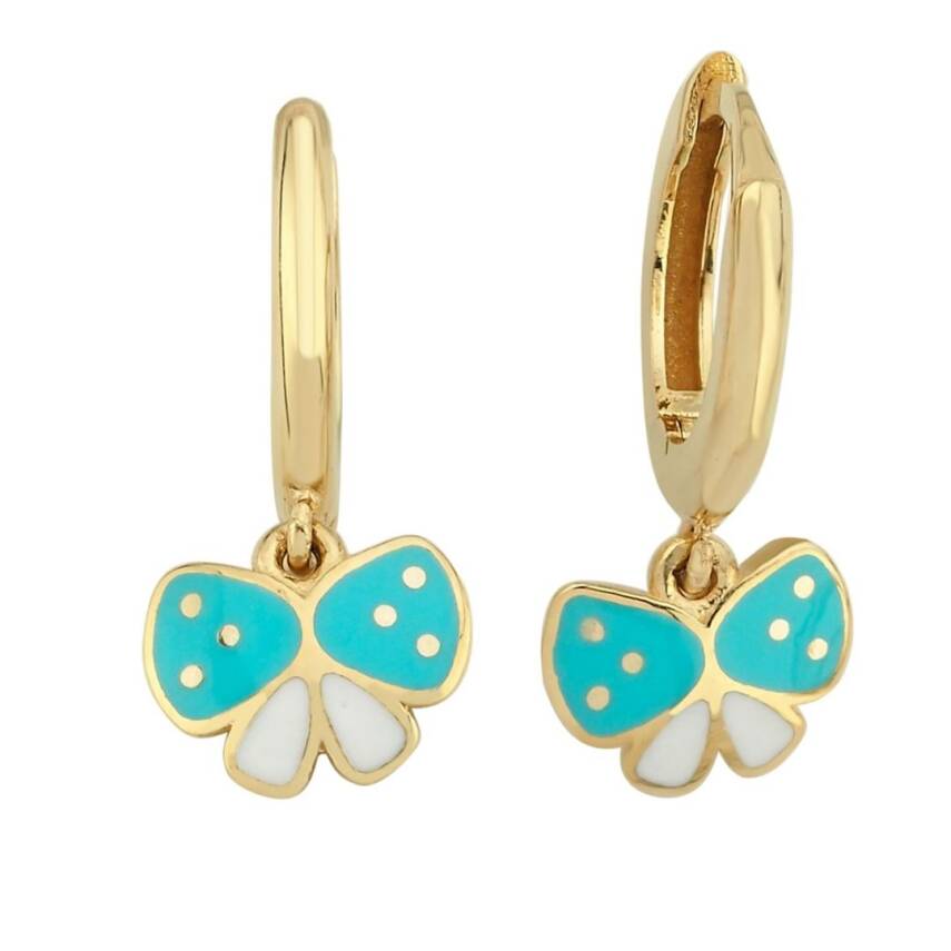 Turkuaz Beyaz Mineli Kurdele Sallantılı Altın Çocuk Küpesi - Semih Haşhaş Kuyumculuk