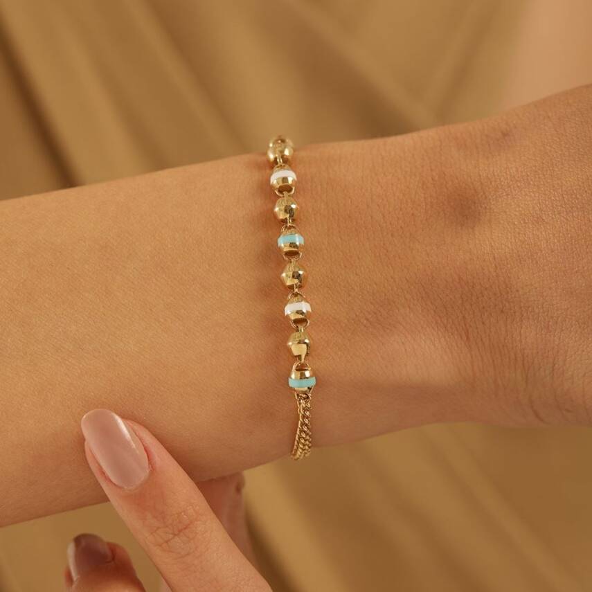 Turkuaz Beyaz Mineli Top Top Altın Bileklik - Semih Haşhaş Kuyumculuk (1)