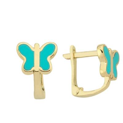 Turkuaz Mineli Altın Kelebek Çocuk Küpesi - 1