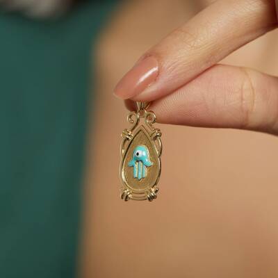 Turkuaz Mineli Fatma Ana Eli Altın Kolye Ucu - 1
