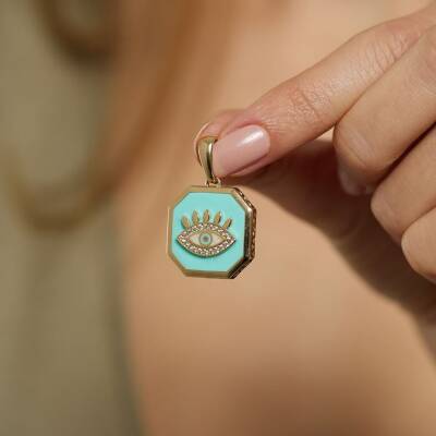 Turkuaz Mineli Göz Figürlü Altın Kolye Ucu - 1