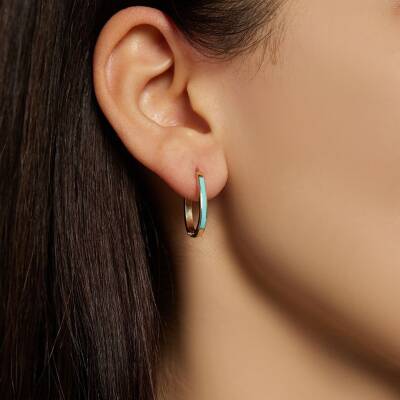 Turkuaz Mineli İnce Altın Halka Küpe - 1